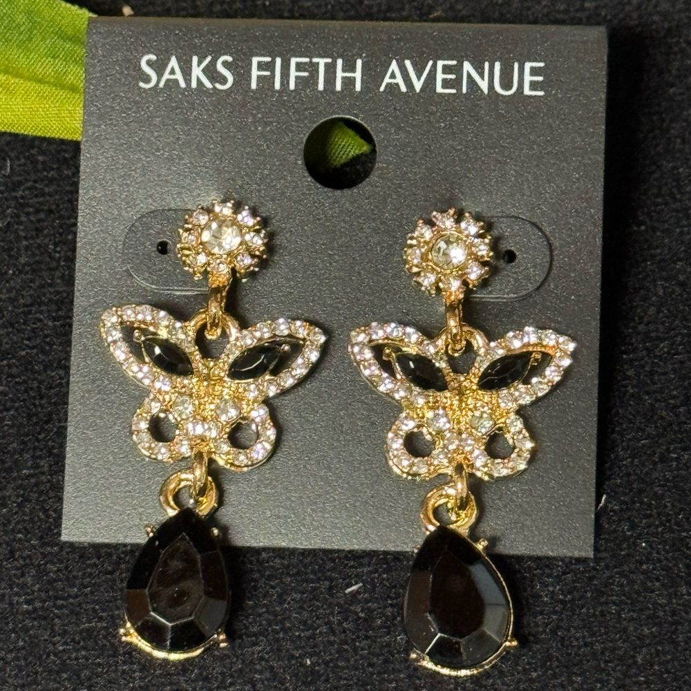 Exquisite Saks Fifth Avenue Butterfly Black Crystal Dangle Statement Earr 1.75in